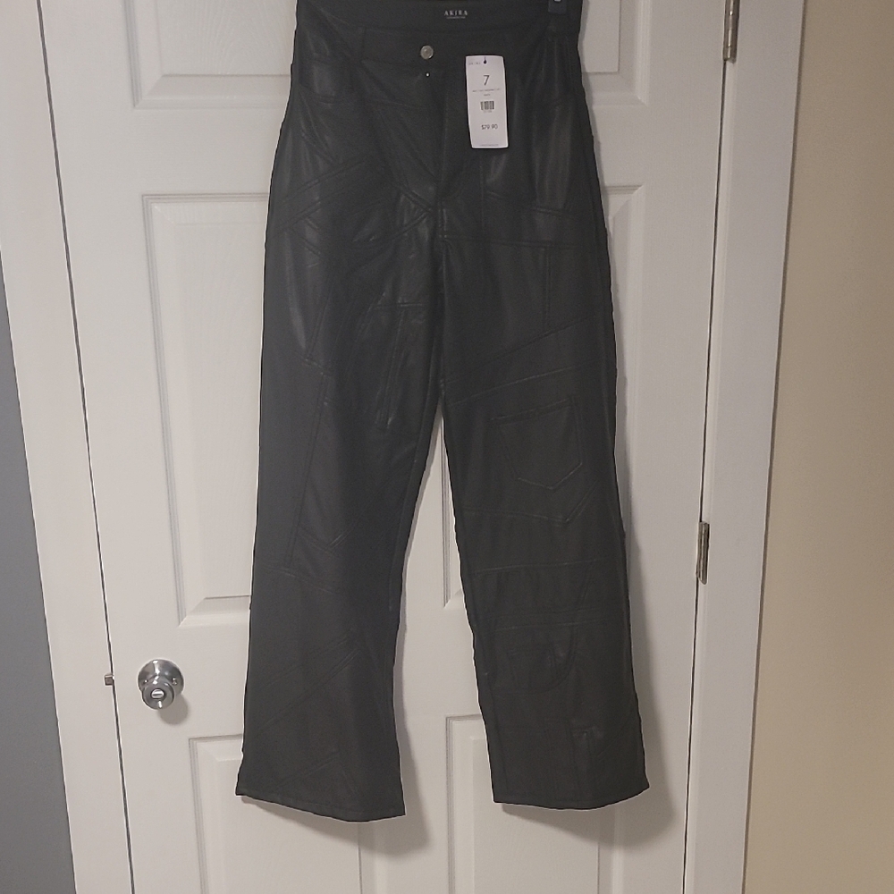 AKIRA Black Flare Faux Leather Pants. Patchwork Style Design.